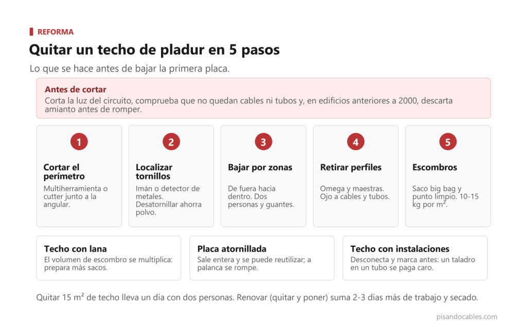 Infografía con los cinco pasos para quitar un techo de pladur